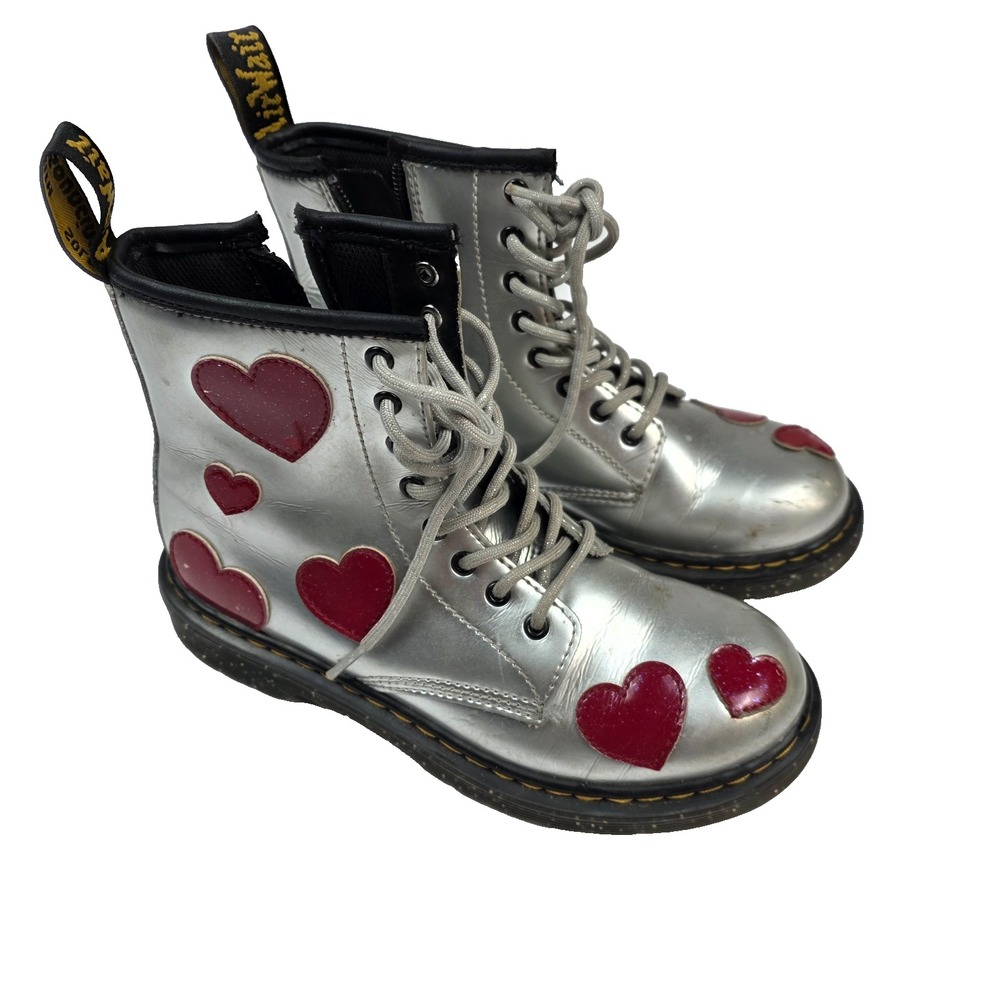 Dr. Martens Boots Metallic Silver Hearts Zipper Side Sz 3 Valentines High Top - Picture 2 of 10